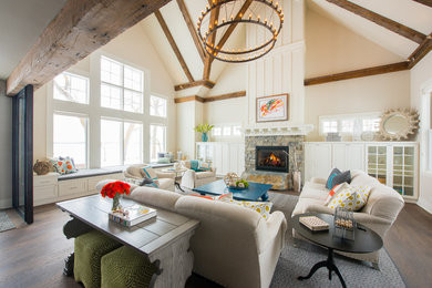 Beach style formal dark wood floor living room photo in Other with white walls and a standard fireplace