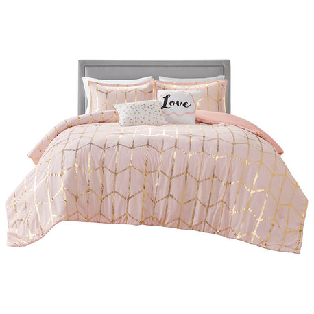 Intelligent Design Raina Metallic Printed Comforter Set, Blush/Gold