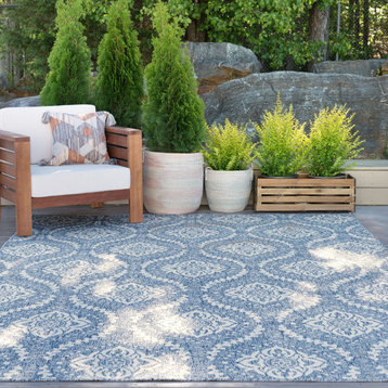 Dionne Transitional Damask Blue/Cream Rectangle Indoor/Outdoor Area Rug, 8'x10'