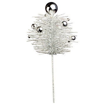 16" Silver Christmas Glittered Pe Pine Spray With Ball