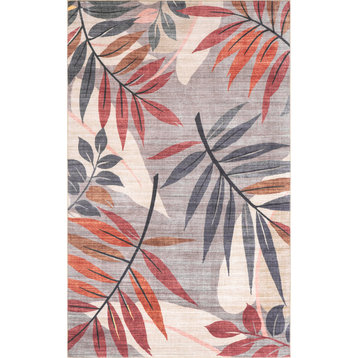 nulOOM Mayra Tropical Leaves Washable Indoor/Outdoor Area Rug, Red 4' x 6'