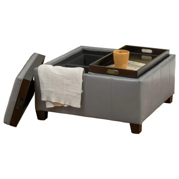 Contemporary Storage Ottoman, Faux Leather Upholstery & Flip Over Trays, Gray