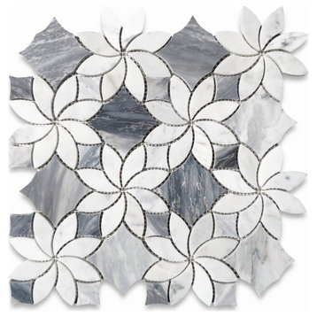 Ice Flower Blossom Waterjet Carrara White Marble Tile Bardiglio Honed, 1 sheet