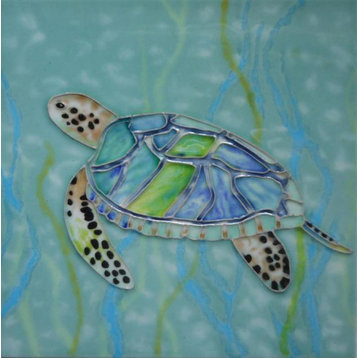 Sea Turtle Swimming in Ocean Seaweed 6X6 Inch Ceramic Tile