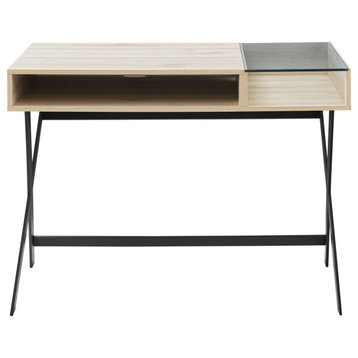 Contemporary Metal-X Leg Glass-Top Computer Desk With Cubby, Birch