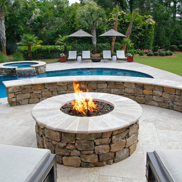 Stone Fire Pit, Seating Wall and Spa