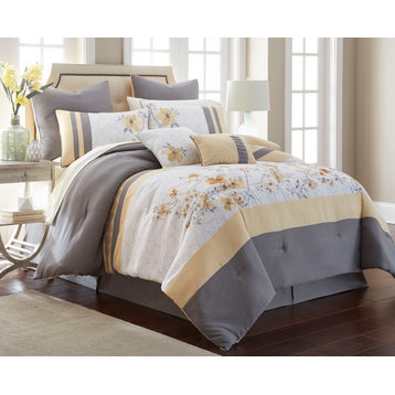 Candice 12-Piece Comforter Set, Gray/Yellow, Queen