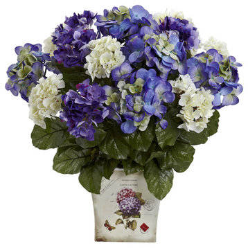 Mixed Hydrangea With Floral Planter, Blue and Purple