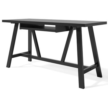 Modern Rustic Desk, Pine Wood Construction and Keyboard Tray, Black