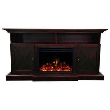 62" Whitby Farmhouse Electric Fireplace Heater WithDeep Log Insert, Mahogany