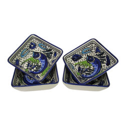 Le Souk Ceramique - Square Stoneware Sauce Dishes, Set of 4, Aqua Fish Design - Serving Dishes And Platters