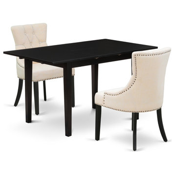 3Pc Wood Dining Set, 2 Chairs, Butterfly Leaf Rectangle Table, Black