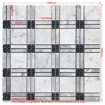 Carrara White Black Gray Marble Plaid Tartan Wall Floor Tile Matte, 1 sheet