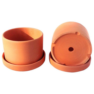 Natural Terracotta Round Garden Planters With Individual Trays, Set of 2