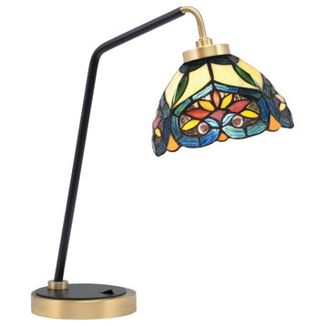 1-Light Desk Lamp, Matte Black/New Age Brass Finish, 7" Pavo Art Glass
