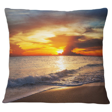 Yellow Sunset over Gloomy Beach Modern Beach Throw Pillow, 16"x16"