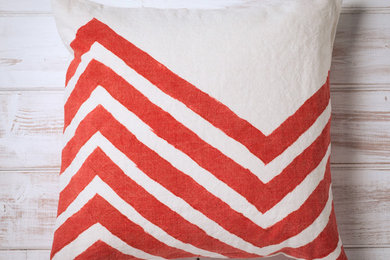 Coral hand painted and block printed linen cushions