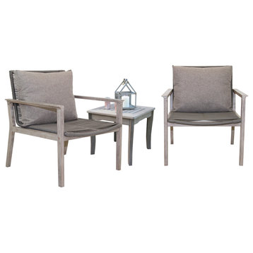 3-Piece Gray Wash Eucalyptus and Rope Lounge Chair Set With Square Accent Table