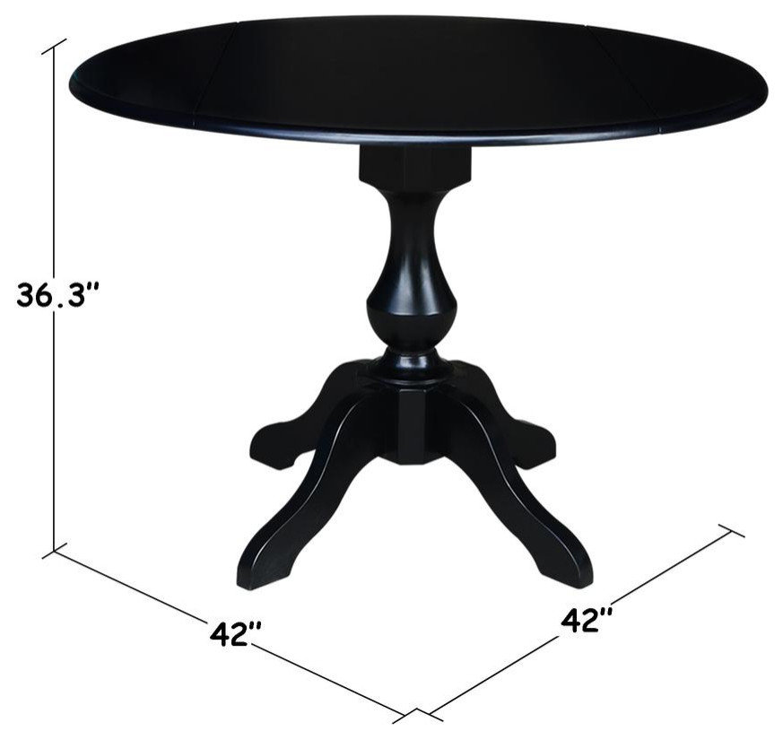 East West Furniture Dublin Round Drop-Leaf Kitchen Table – 42 Inch, Cherry Black Finish, Rubberwood, Pedestal Base