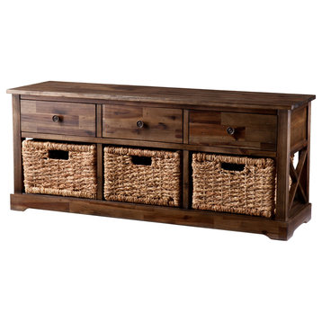 Storage Bench, 3 Drawers With Pull Handles & Woven Wicker Baskets, Brown/Natural