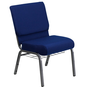21''W Church Chair in Navy Blue Fabric,Cup Book Rack - Silver Vein Frame