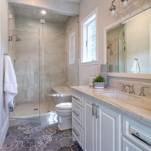 Inspiration för ett mellanstort vintage gästrum, med grå väggar, klinkergolv i keramik och blått golv