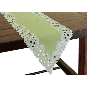 Laurel Embroidered Cutwork Spring Table Runner, 15"x72", Green
