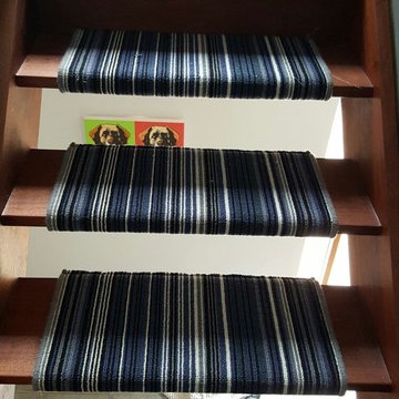 Stripey Blue Carpet Installed to Stairs