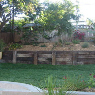 サンディエゴの中サイズのサンタフェスタイルのおしゃれな裏庭のテラス (壁面緑化、レンガ敷き、日よけなし) の写真