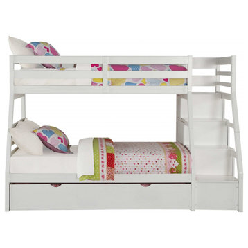 95"x56"x65" Twin Over Full White Storage Ladder And Trundle Bunk Bed