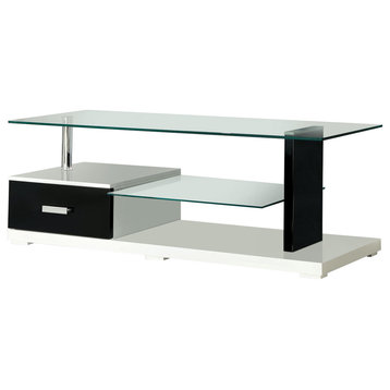 Modern TV Console, Open Design With Tempered Glass Top and Drawer, Black/White
