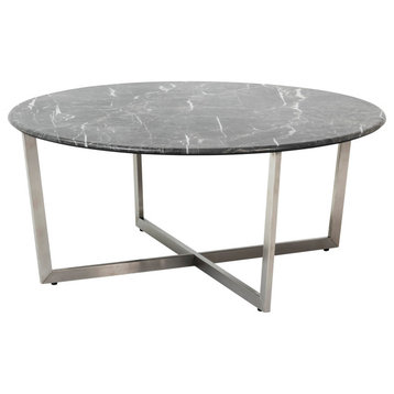 Llona 36" Round Coffee Table in Marble Melamine with Stainless Steel Base, Black