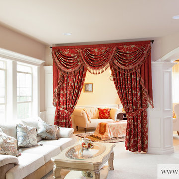 "Louis XVI Royal Red Valance" Elegant Designer Curtains with Swags and Tails