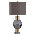 Harp and Finial - Chelsea Table Lamp Charcoal Finish on Glass - The Chelsea table lamp is a charcoal finish glass piece with a transitional characteristic quality that uses mixed materials like fabric and metal to create a big look. Made with a unique vibrancy about it, this light is topped with a chocolate gray shade to add to its height and presence. It's a wonderful addition to foyers, living rooms, bedrooms, and other big personality spaces.