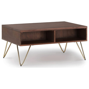 Industrial Coffee Table, Mango Lift Top With Open Shelves & Elegant Golden Legs
