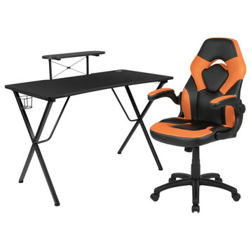 Modern Gaming Desk With Comfortable Chair, Raised Shelf & Cup Holder, Orange
