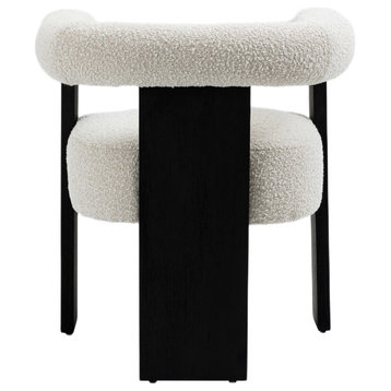 Barrel Boucle Fabric Upholstered Dining Chair, Cream, Black Finish