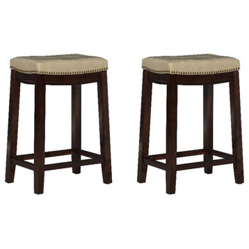Linon Claridge Wood Set of 2 Counter Stools Beige Faux Leather Seats in Dk Brown