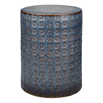 Embossed Wild Flower Pattern Ceramic Side Table Blue Bronze Print Drum Outdoor