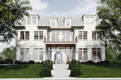 Imagen de fachada de casa blanca y negra contemporánea extra grande de dos plantas con revestimiento de ladrillo y tejado de teja de barro