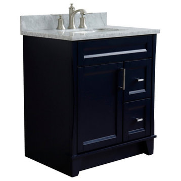 31" Single Sink Vanity, Blue Finish With White Carrara Marble