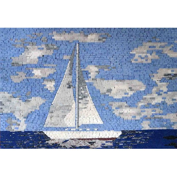 Sailing Boat In Blue Calm Sea Marble Mosaic, 20"x28"