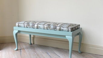 Reinvented blue stool with 1970's fabric
