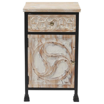 LuxenHome Black Metal Frame and Carved Wood 1-Door 1-Drawer End Table