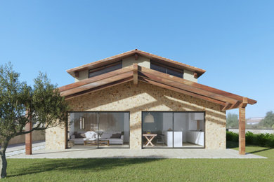 Diseño de fachada de casa rústica de tamaño medio de dos plantas con revestimiento de piedra, tejado a dos aguas, tejado de teja de barro y escaleras