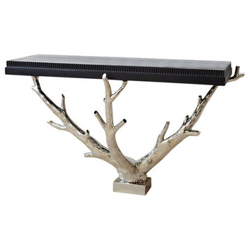 Luxe Silver Tree Branch Console Table, Twig Organic Shape Black Wood