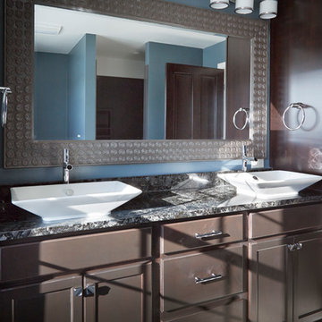 Bathroom vanity with double sinks and asian-inspired faucets & sinks
