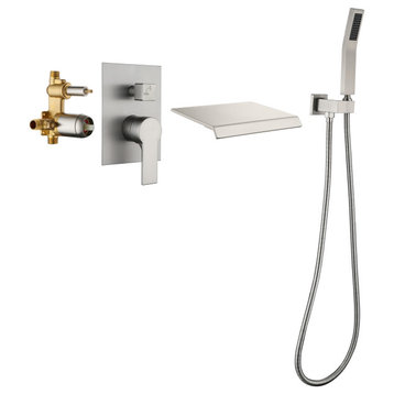 Wellfor Shower Combo Set, Waterfall Tub Spout and Hand Shower, Brushed Nickel