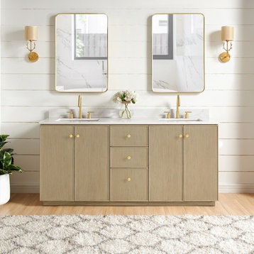 Oza Bath Vanity, Stone Top, Aged Natural Oak, 72", Double Vanity, No Mirror