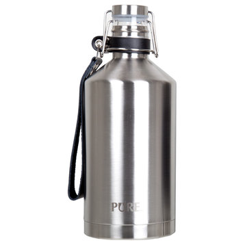 64oz Stainless Steel Beer Growler With Leather Strap, Silver